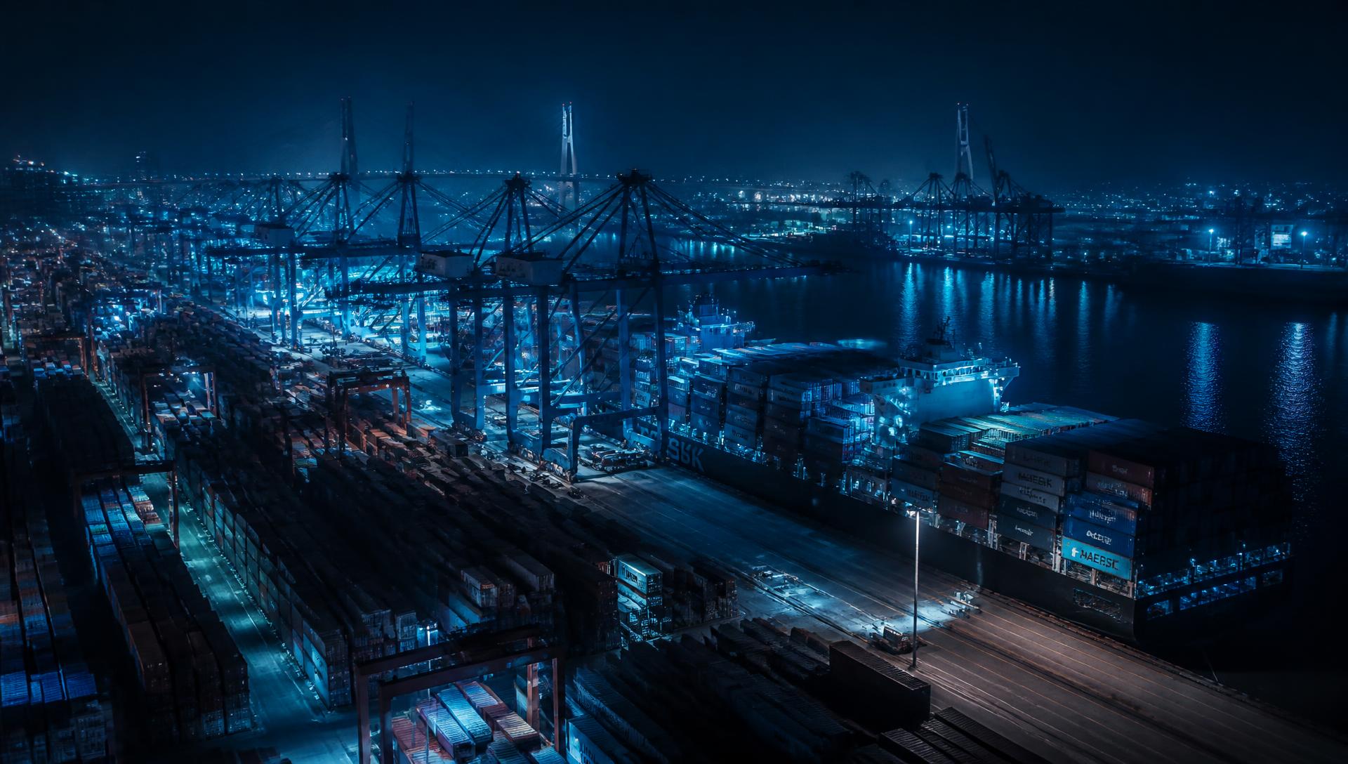 International container port at night with gantry cranes and cargo vessels